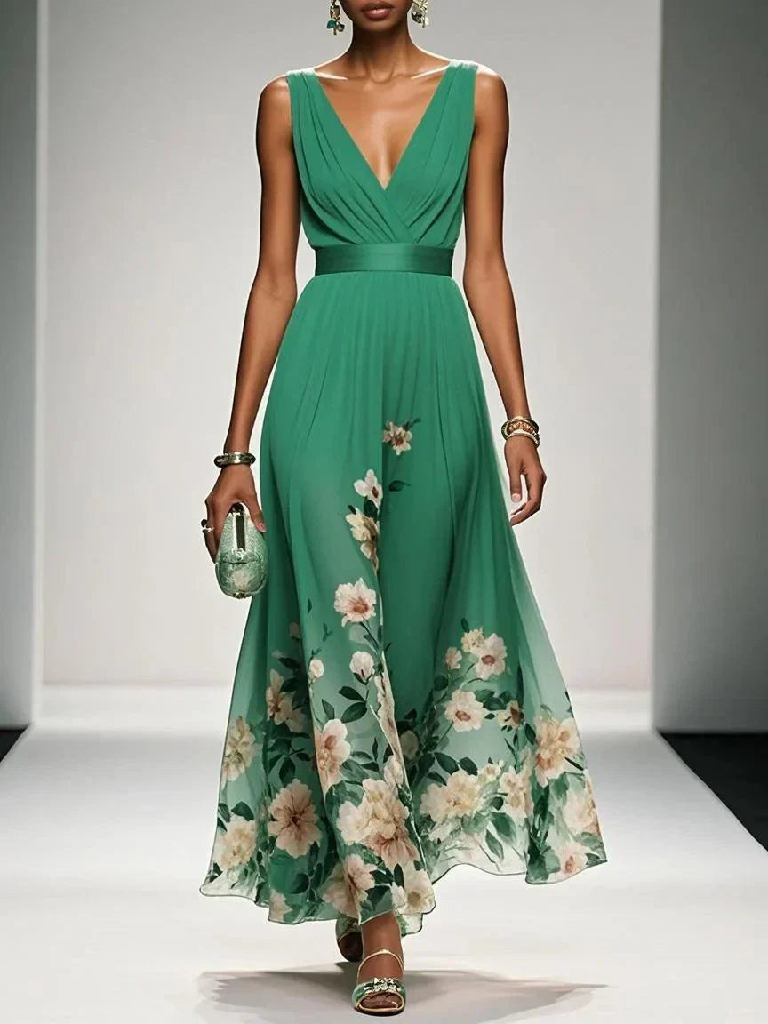 Rosa | Abito Maxi in Chiffon Floreale Blu Chiaro con Scollatura a V