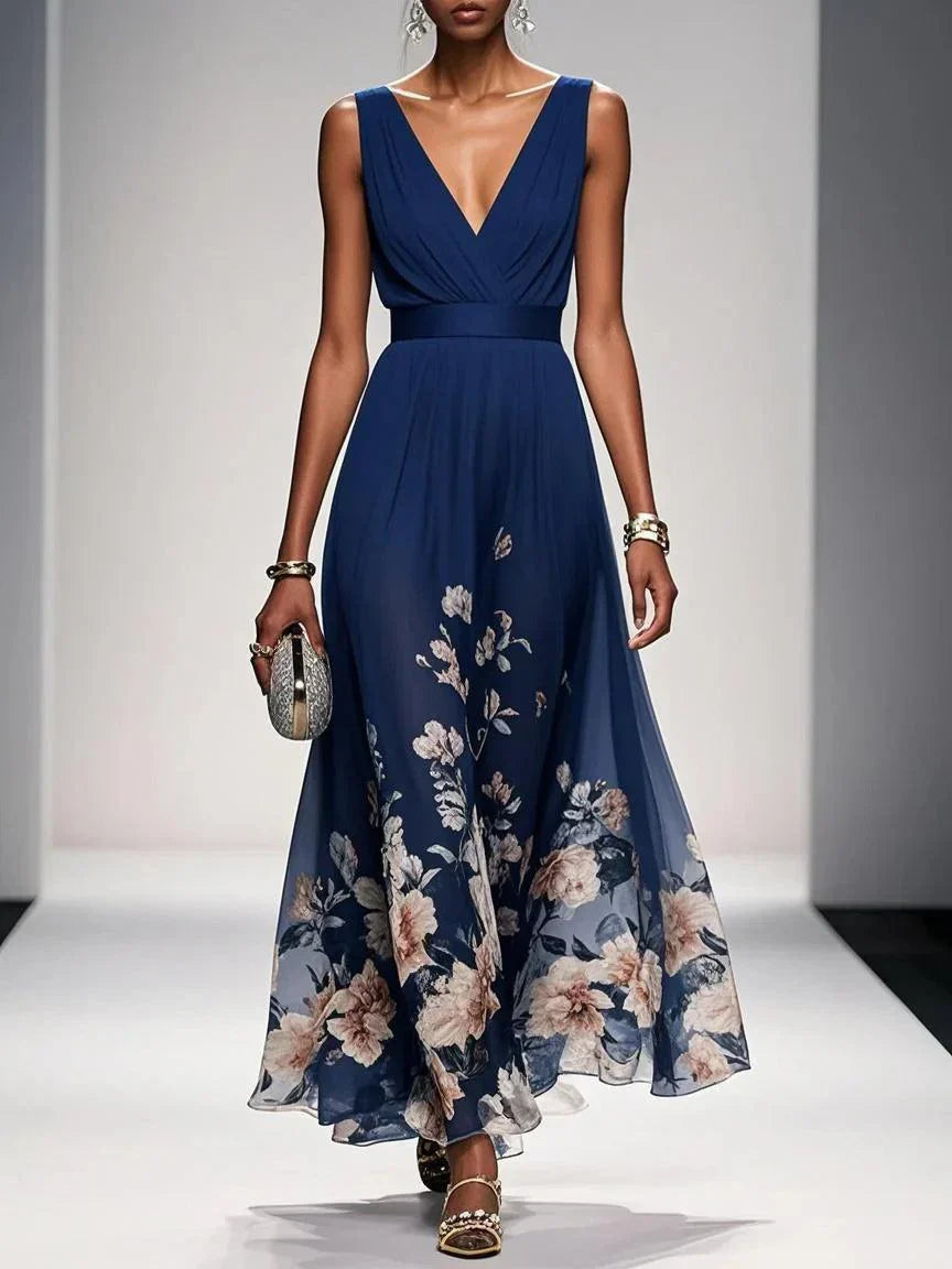 Rosa | Abito Maxi in Chiffon Floreale Blu Chiaro con Scollatura a V
