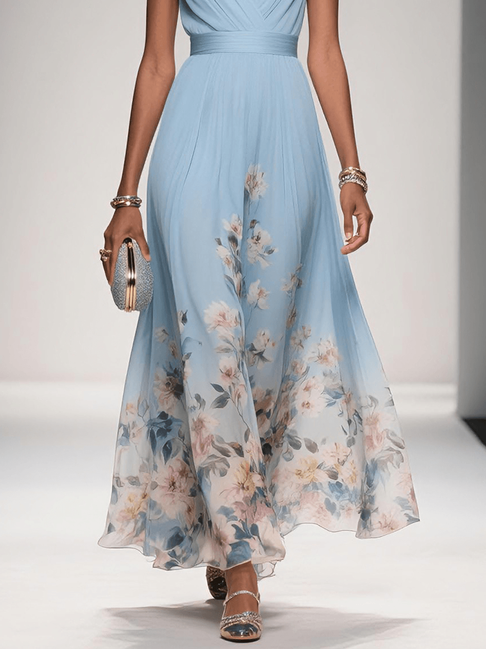 Rosa | Abito Maxi in Chiffon Floreale Blu Chiaro con Scollatura a V