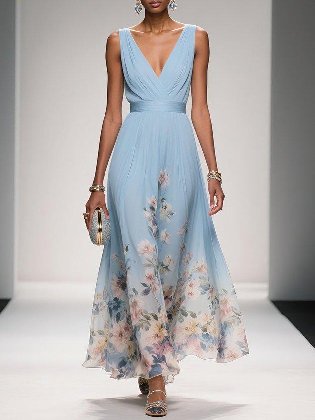 Rosa | Abito Maxi in Chiffon Floreale Blu Chiaro con Scollatura a V
