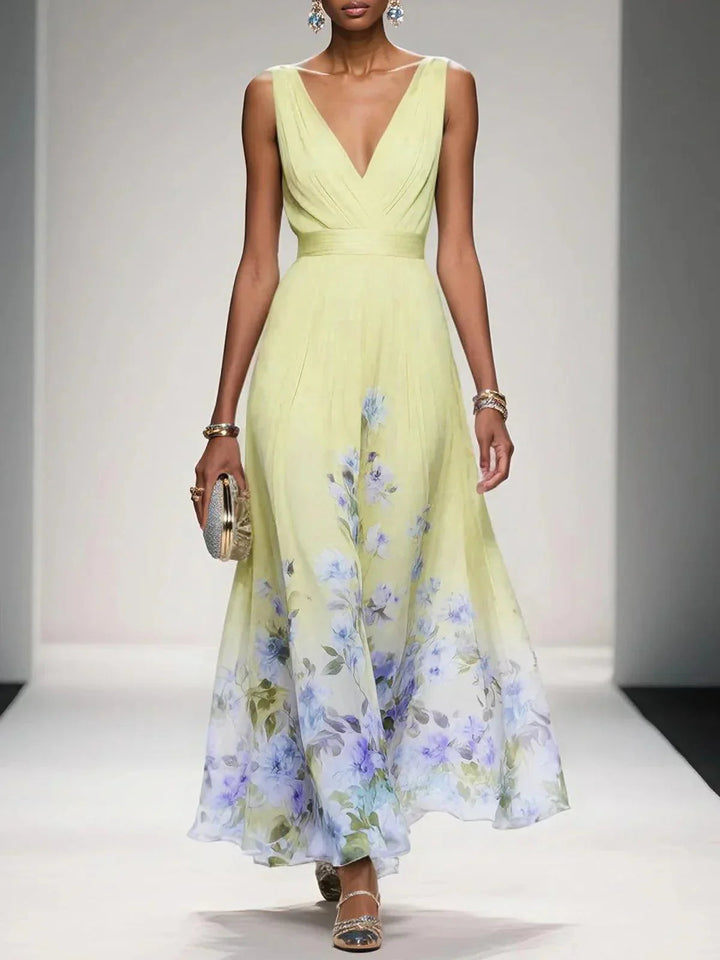 Rosa | Abito Maxi in Chiffon Floreale Blu Chiaro con Scollatura a V