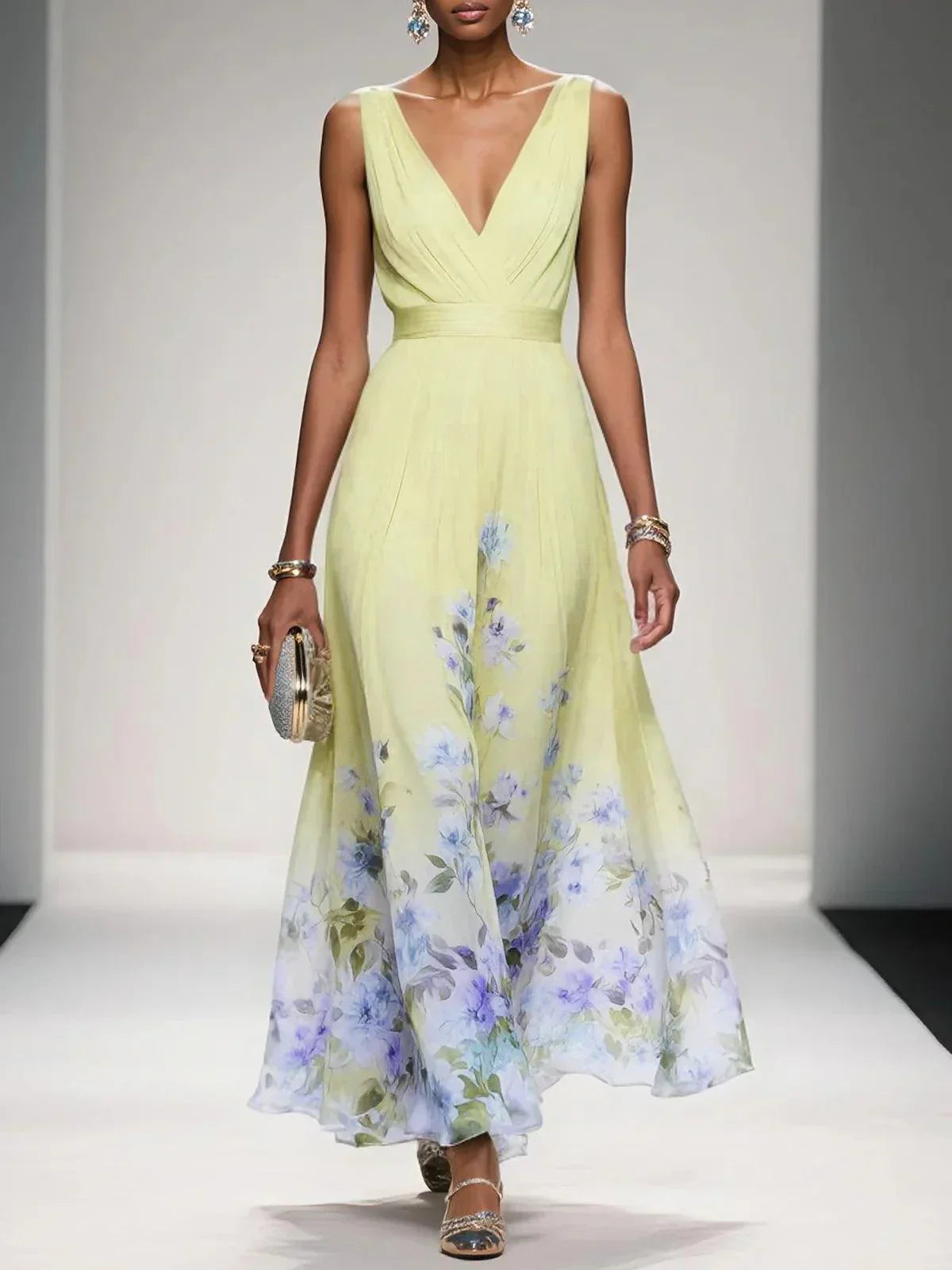 Rosa | Abito Maxi in Chiffon Floreale Blu Chiaro con Scollatura a V