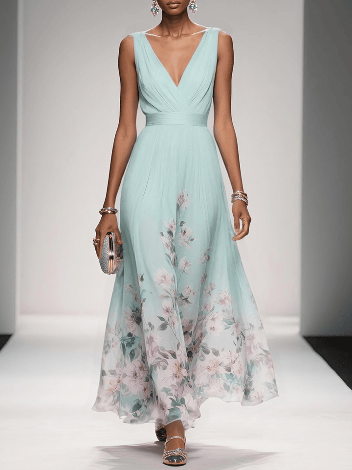 Rosa | Abito Maxi in Chiffon Floreale Blu Chiaro con Scollatura a V
