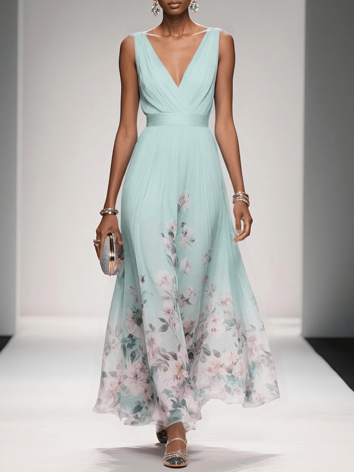 Rosa | Abito Maxi in Chiffon Floreale Blu Chiaro con Scollatura a V