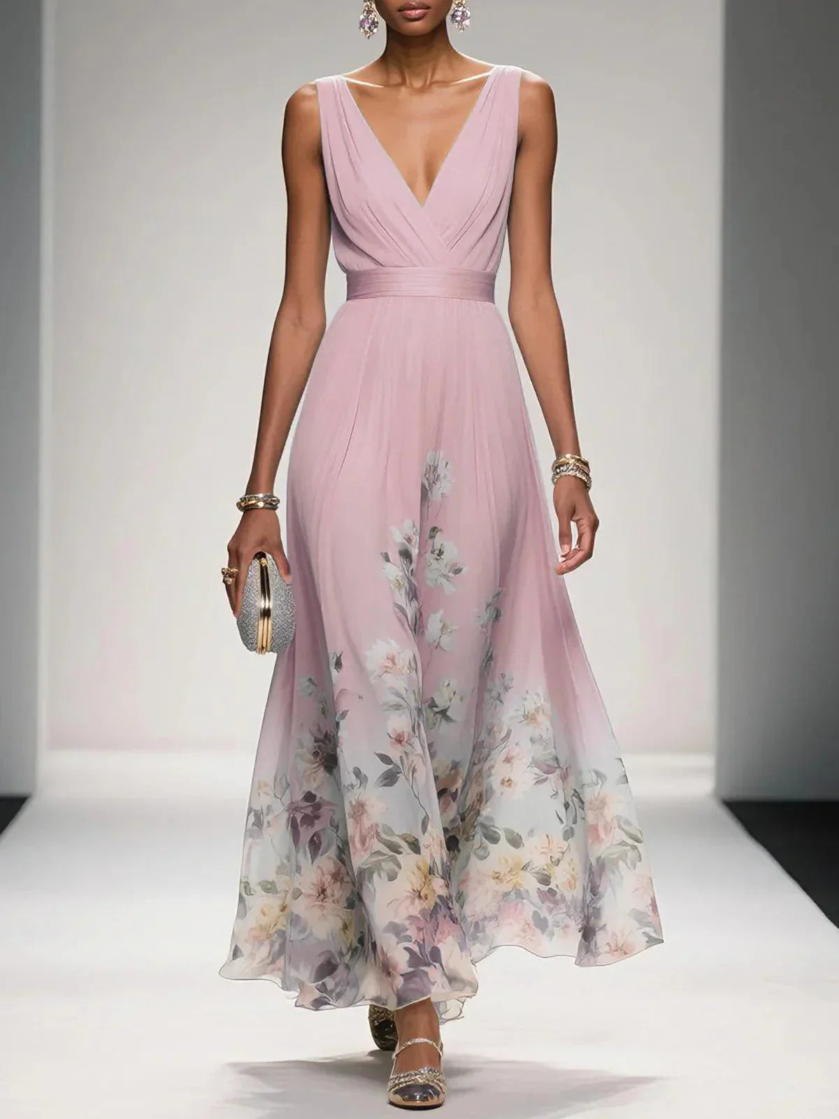 Rosa | Abito Maxi in Chiffon Floreale Blu Chiaro con Scollatura a V
