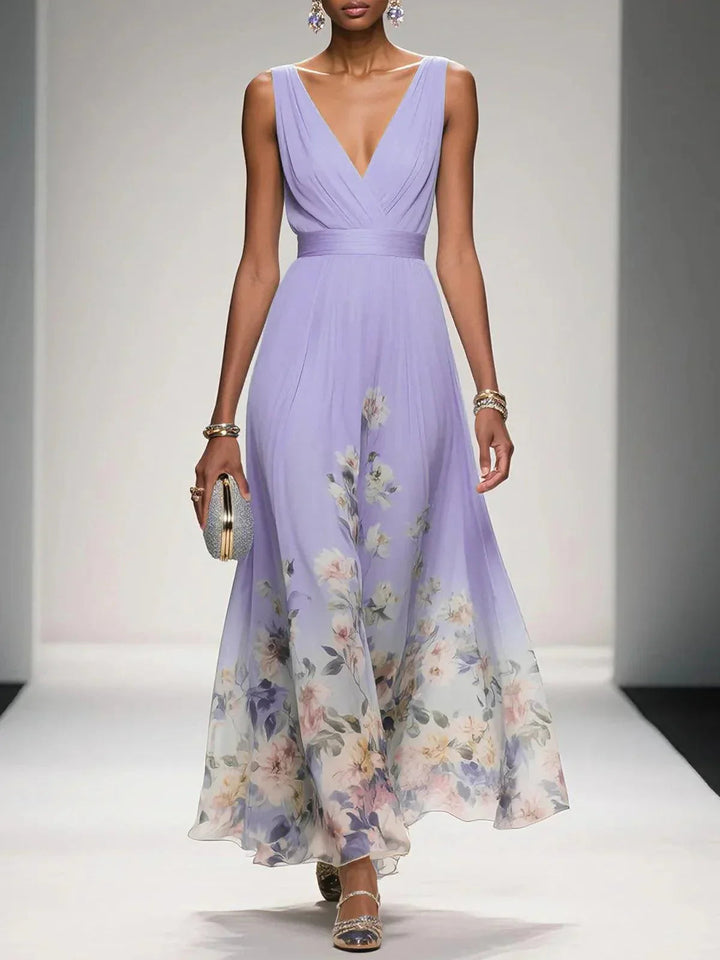 Rosa | Abito Maxi in Chiffon Floreale Blu Chiaro con Scollatura a V