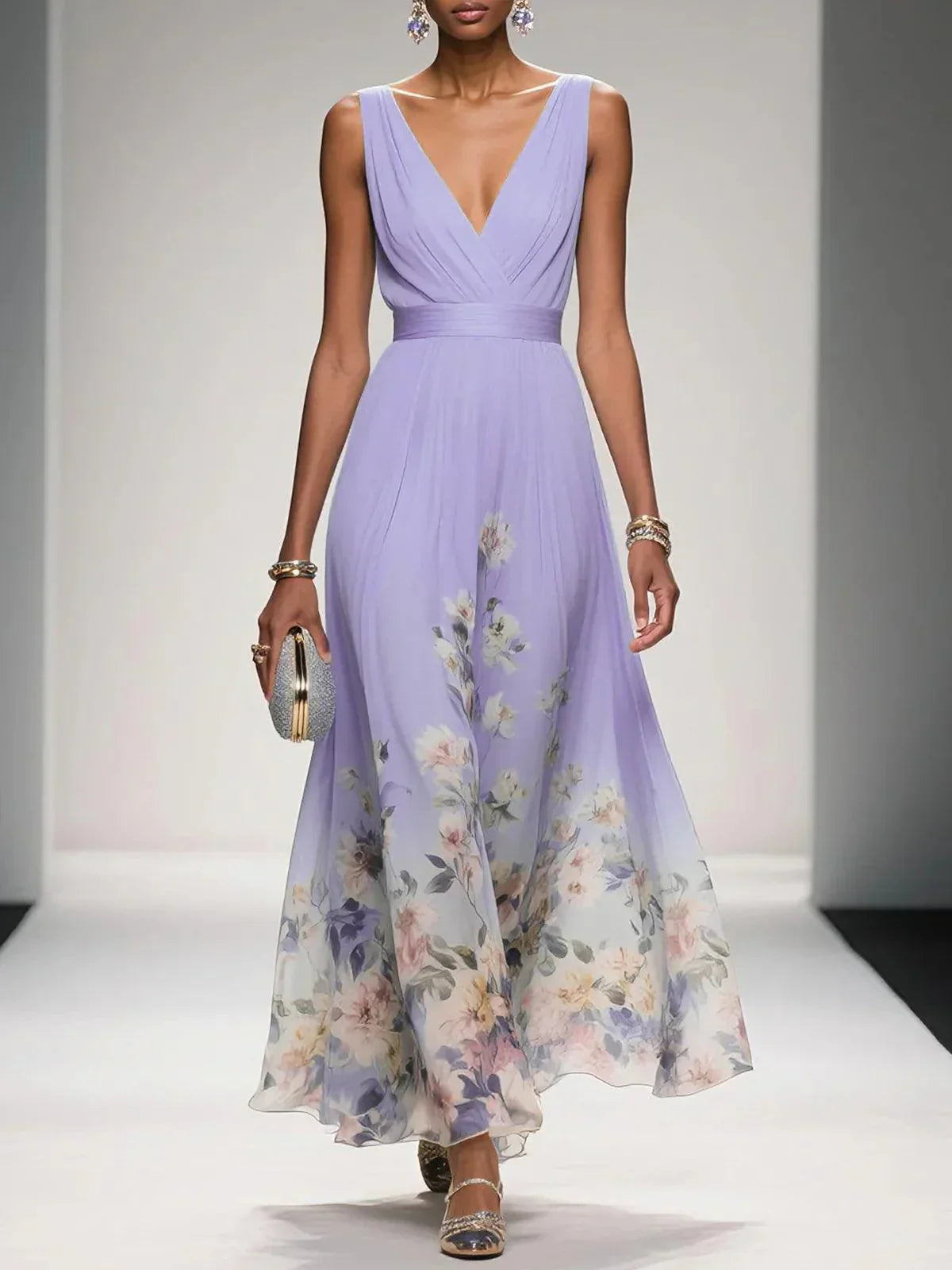 Rosa | Abito Maxi in Chiffon Floreale Blu Chiaro con Scollatura a V