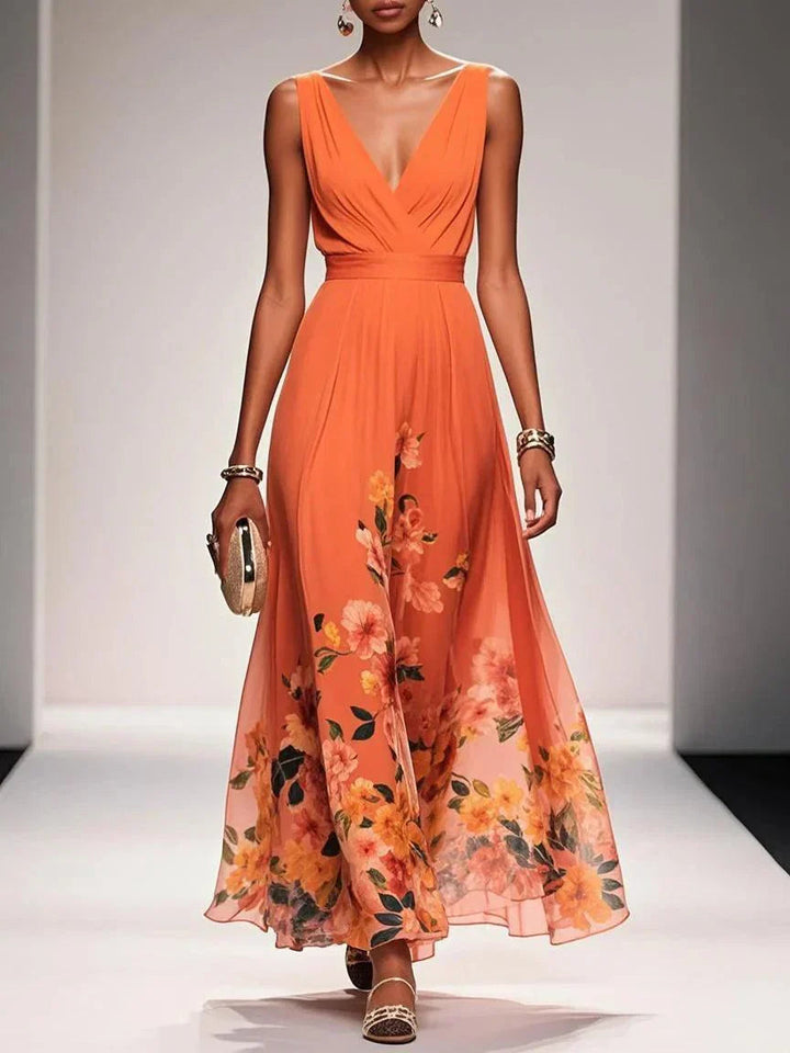Rosa | Abito Maxi in Chiffon Floreale Blu Chiaro con Scollatura a V