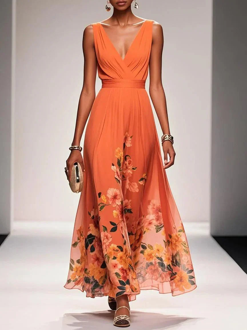 Rosa | Abito Maxi in Chiffon Floreale Blu Chiaro con Scollatura a V