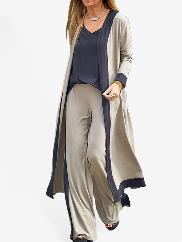 Set di pantaloni con gilet e giacca cardigan a maniche corte di colore contrastante