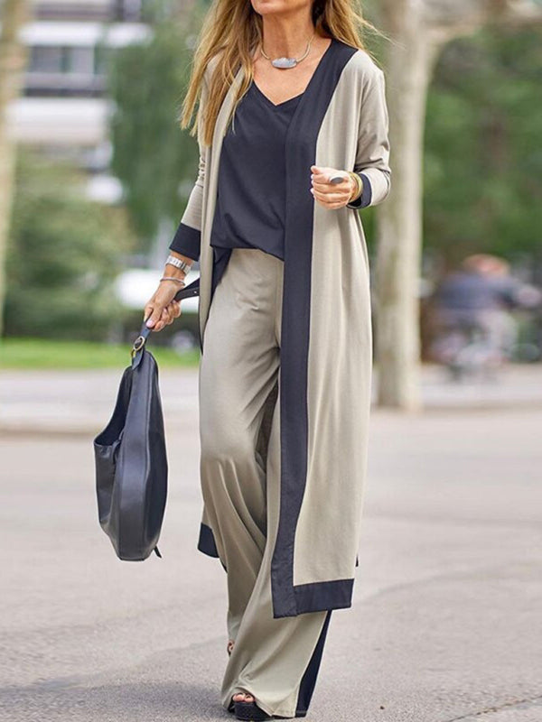 Set di pantaloni con gilet e giacca cardigan a maniche corte di colore contrastante