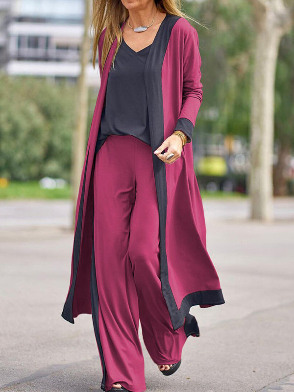 Set di pantaloni con gilet e giacca cardigan a maniche corte di colore contrastante