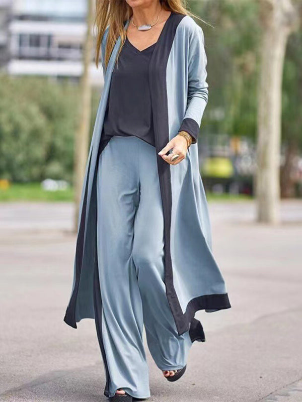Set di pantaloni con gilet e giacca cardigan a maniche corte di colore contrastante