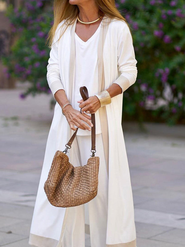Set di pantaloni con gilet e giacca cardigan a maniche corte di colore contrastante