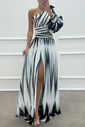 Shiloh - Elegante Vestito Maxi a Strisce con Spalla Scoperta
