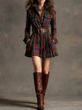Vestito Mini Vintage Rosso e Marrone a Quadri (Include Cintura)