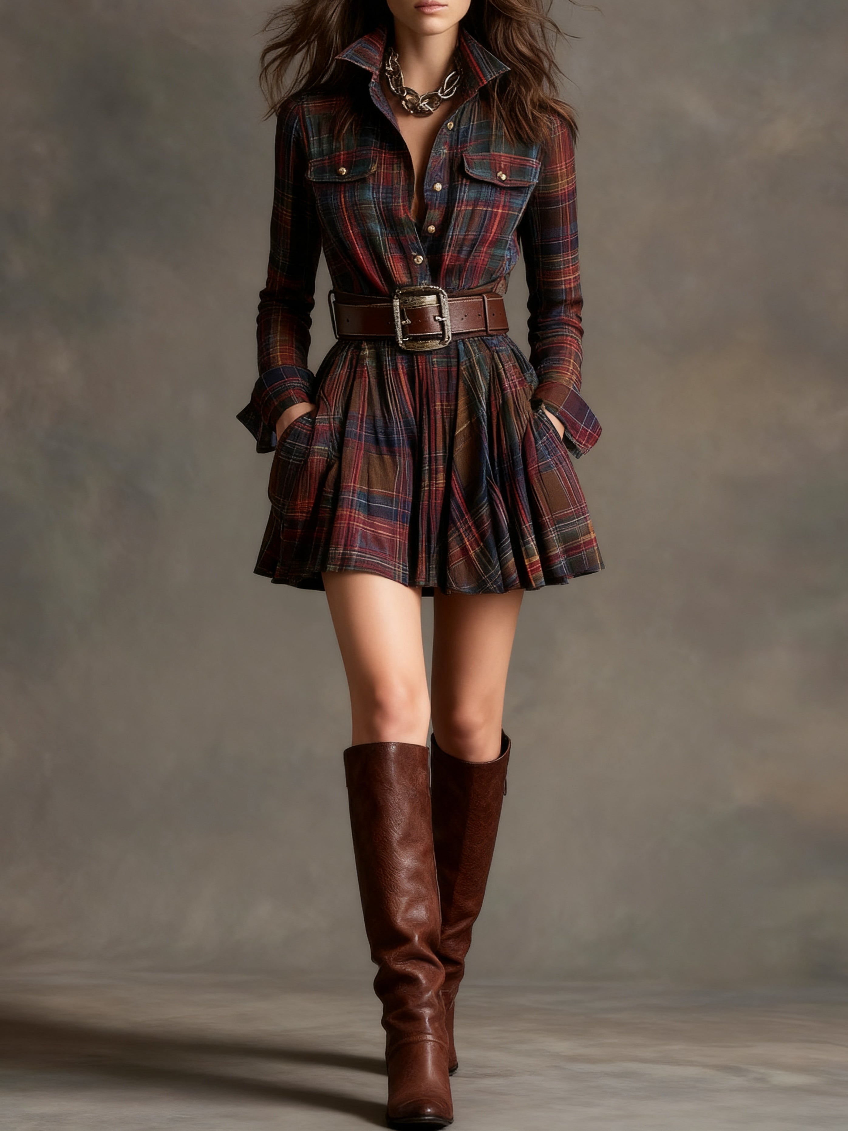 Vestito Mini Vintage Rosso e Marrone a Quadri (Include Cintura)