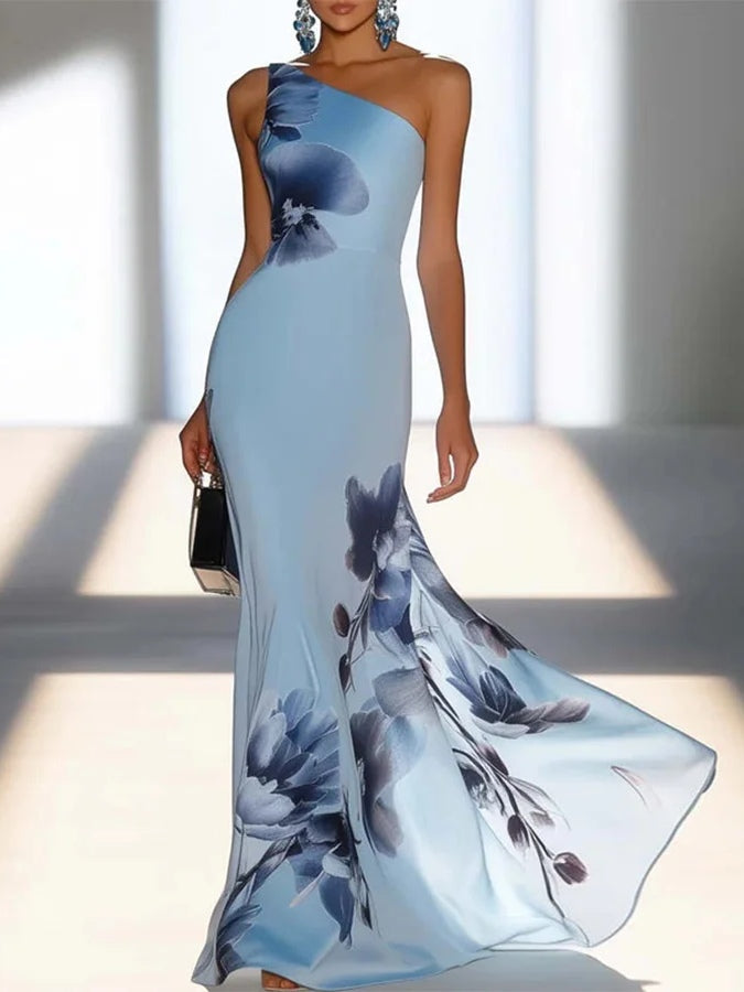 Victoria | Maxi Dress Off-Shoulder in Stampa Satinata